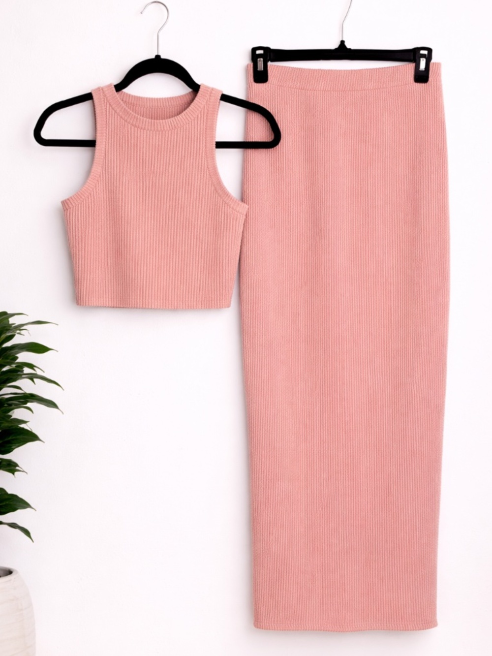 Pink Ribbed Crop Top & Midi Skirt Set | Matching Set | Bodycon
